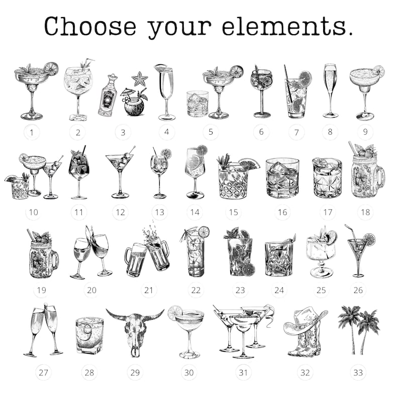 Illustrated element chart featuring 33 hand-drawn design options for custom t-shirts or party merch. Includes a variety of cocktail glasses, tequila bottles, tropical drinks, champagne flutes, western icons like a cow skull and cowboy boots, and palm trees. Shoppers can personalize their design by selecting any combination of these stylish black and white graphics.