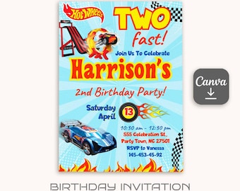Cars birthday invitation, hot racing invite, wheels invitation, boy second birthday party invitation template, two fast two furious invite
