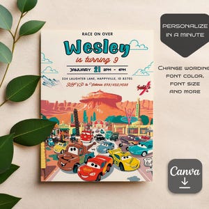 May include: A Cars-themed birthday invitation with a red, yellow, and blue color scheme. The invitation features a cityscape with a red rock formation and a large, flying saucer-shaped object. The text on the invitation reads "Race on Over Wesley is turning 9 January 21 2PM - 4PM 234 Laughter Lane, Happyville, ID 83701 RSVP to Victoria 678/482/1098".
