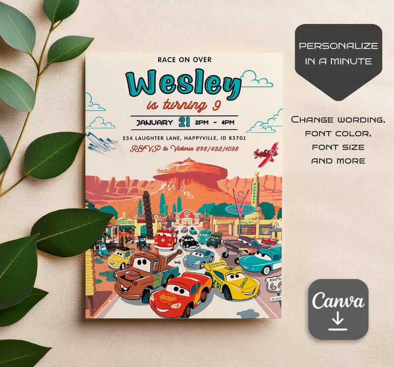 May include: A Cars-themed birthday invitation with a red, yellow, and blue color scheme. The invitation features a cityscape with a red rock formation and a large, flying saucer-shaped object. The text on the invitation reads "Race on Over Wesley is turning 9 January 21 2PM - 4PM 234 Laughter Lane, Happyville, ID 83701 RSVP to Victoria 678/482/1098".