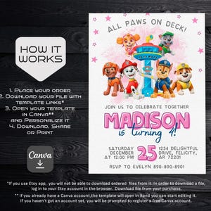Puede incluir: Una invitaci&oacute;n de cumplea&ntilde;os personalizable con los personajes de la Patrulla Canina. La invitaci&oacute;n incluye el texto "All Paws on Deck!" y "&iexcl;Madison cumple 4!" con detalles del evento e informaci&oacute;n de RSVP. El dise&ntilde;o es sobre un fondo blanco con acentos rosas.