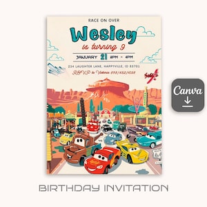 May include: A birthday invitation featuring a Cars-themed design with a red, yellow, and blue car on a red road. The invitation is for Wesley's 9th birthday party on January 21st from 2 PM to 4 PM. The address is 234 Laughter Lane, Happyville, ID 83701. RSVP to Victoria at 678/482/1098.