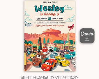 Invitación de Cars, invitación de Lightning Mcqueen, invitación de fiesta de cumpleaños imprimible, plantilla de invitación de cumpleaños de carreras