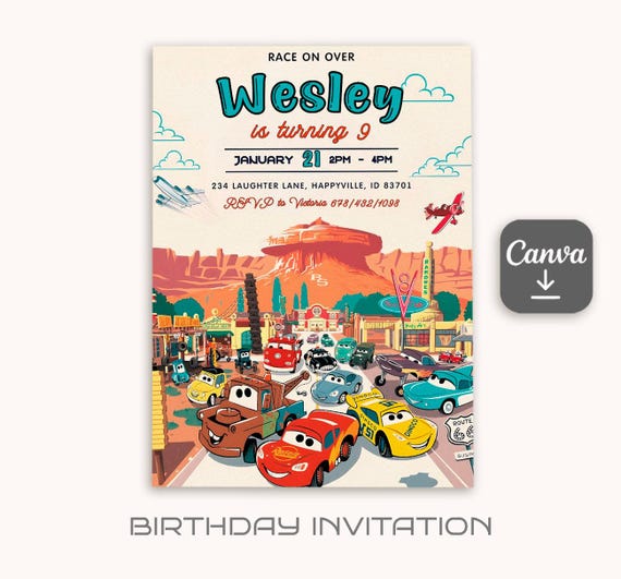 Cars invitation, Lightning Mcqueen invite, Printable Birthday Party Invitation, racing Birthday invitation template