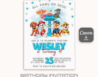 Printable Paw-ty editable invitation, Puppies Birthday invite boy girl, Puppy Party, instant download, Paw Kids Birthday invite template