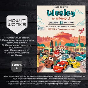 May include: A printable invitation for a Cars-themed birthday party. The invitation features a colorful illustration of a Cars-themed town with a red, white, and blue American flag. The text on the invitation reads "Race on Over Wesley is turning 9 January 21 2PM - 4PM 234 Laughter Lane, Happyville, ID 83701 RSVP to Victoria 678/482/1098".