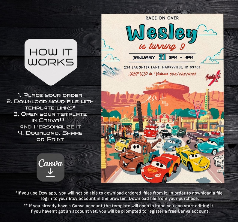 May include: A printable invitation for a Cars-themed birthday party. The invitation features a colorful illustration of a Cars-themed town with a red, white, and blue American flag. The text on the invitation reads "Race on Over Wesley is turning 9 January 21 2PM - 4PM 234 Laughter Lane, Happyville, ID 83701 RSVP to Victoria 678/482/1098".