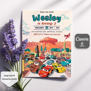May include: A printable invitation for a Cars-themed birthday party. The invitation features a colorful illustration of the characters from the movie Cars, including Lightning McQueen and Mater, driving down a road with a red rock mountain in the background. The text on the invitation reads "Race on Over Wesley is turning 9 January 21 2PM - 4PM 234 Laughter Lane, Happyville, ID 83701 RSVP to Victoria 678/482/1098".
