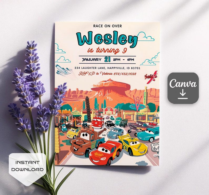 May include: A printable invitation for a Cars-themed birthday party. The invitation features a colorful illustration of the characters from the movie Cars, including Lightning McQueen and Mater, driving down a road with a red rock mountain in the background. The text on the invitation reads "Race on Over Wesley is turning 9 January 21 2PM - 4PM 234 Laughter Lane, Happyville, ID 83701 RSVP to Victoria 678/482/1098".