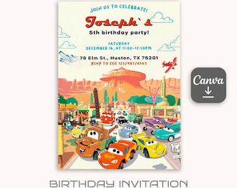 Invitación de Cars, invitación de Lightning Mcqueen, invitación de fiesta de cumpleaños imprimible, plantilla de invitación de cumpleaños de carreras