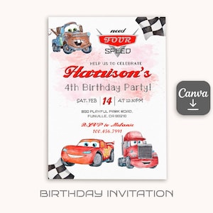 Cars Einladung, Lightning Mcqueen einladen, Printable-Geburtstags-Party Einladung, NFS Racing Einladung Vorlage, 4.Geburtstagskind