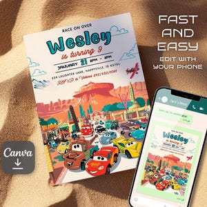 May include: A colorful invitation for a Cars-themed birthday party. The invitation features a cartoon image of the characters from the movie Cars, including Lightning McQueen and Mater. The text on the invitation reads "Race on Over Wesley is turning 9 January 21 2PM - 4PM 234 Laughter Lane, Happyville, ID 83701 RSVP to Victoria 678/482/1098".