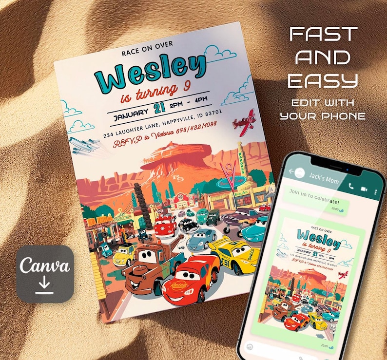 May include: A colorful invitation for a Cars-themed birthday party. The invitation features a cartoon image of the characters from the movie Cars, including Lightning McQueen and Mater. The text on the invitation reads "Race on Over Wesley is turning 9 January 21 2PM - 4PM 234 Laughter Lane, Happyville, ID 83701 RSVP to Victoria 678/482/1098".