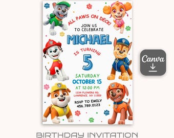 Printable Paw-ty editable invitation, Puppies Birthday invite boy girl, Puppy Party, instant download, Paw Kids Birthday invite template