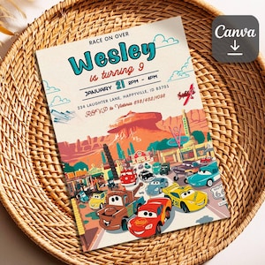May include: A Cars-themed birthday party invitation with a red, orange, and yellow color scheme. The invitation features a cartoon image of Lightning McQueen and Mater from the Disney Pixar movie Cars. The text on the invitation reads "Race on Over Wesley is turning 9 January 21 2PM - 4PM 234 Laughter Lane, Happyville, ID 83701 RSVP to Victoria 678/482/1098".