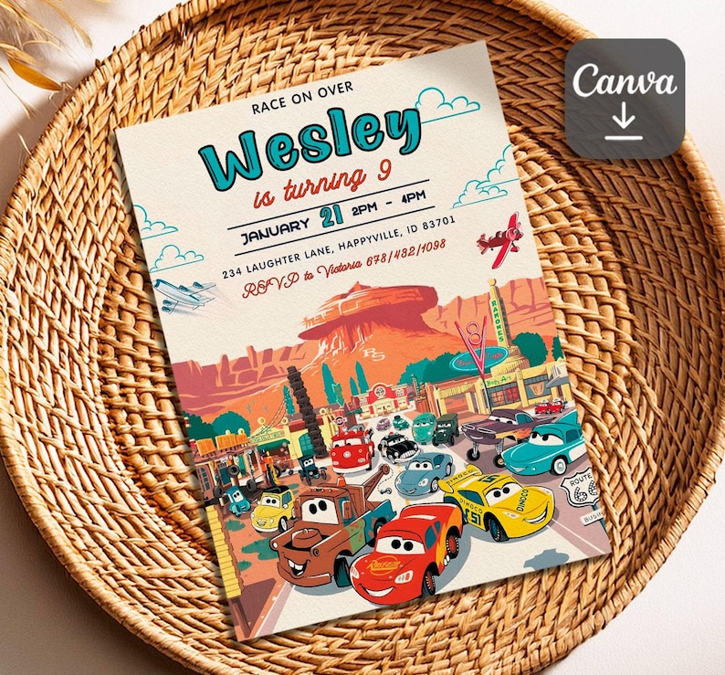 May include: A Cars-themed birthday party invitation with a red, orange, and yellow color scheme. The invitation features a cartoon image of Lightning McQueen and Mater from the Disney Pixar movie Cars. The text on the invitation reads "Race on Over Wesley is turning 9 January 21 2PM - 4PM 234 Laughter Lane, Happyville, ID 83701 RSVP to Victoria 678/482/1098".