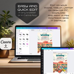 May include: A laptop and tablet screen displaying a colorful invitation for a race car themed birthday party. The invitation features a cartoon illustration of a race car track with cars and a birthday message that says "Wesley is turning 9". The text on the screen says "Easy and Quick Edit in any browser or in Canva App" and "Edit on your phone, tablet, laptop or desktop PC. Download and print in few minutes or send it digitally."