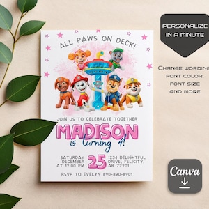 Puede incluir: Una invitaci&oacute;n de fiesta con los personajes de la Patrulla Canina. La invitaci&oacute;n tiene el texto "All Paws on Deck!" y "&iexcl;Madison cumple 4 a&ntilde;os!" La fecha es el 25 de diciembre a las 12:00 PM. La invitaci&oacute;n incluye informaci&oacute;n de RSVP.