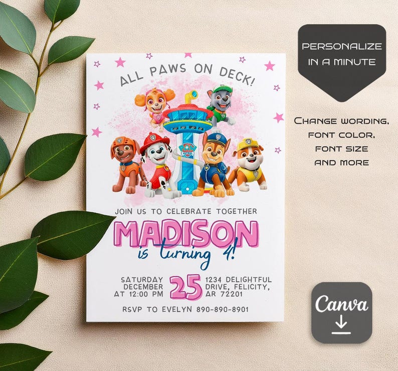 Puede incluir: Una invitaci&oacute;n de fiesta con los personajes de la Patrulla Canina. La invitaci&oacute;n tiene el texto "All Paws on Deck!" y "&iexcl;Madison cumple 4 a&ntilde;os!" La fecha es el 25 de diciembre a las 12:00 PM. La invitaci&oacute;n incluye informaci&oacute;n de RSVP.