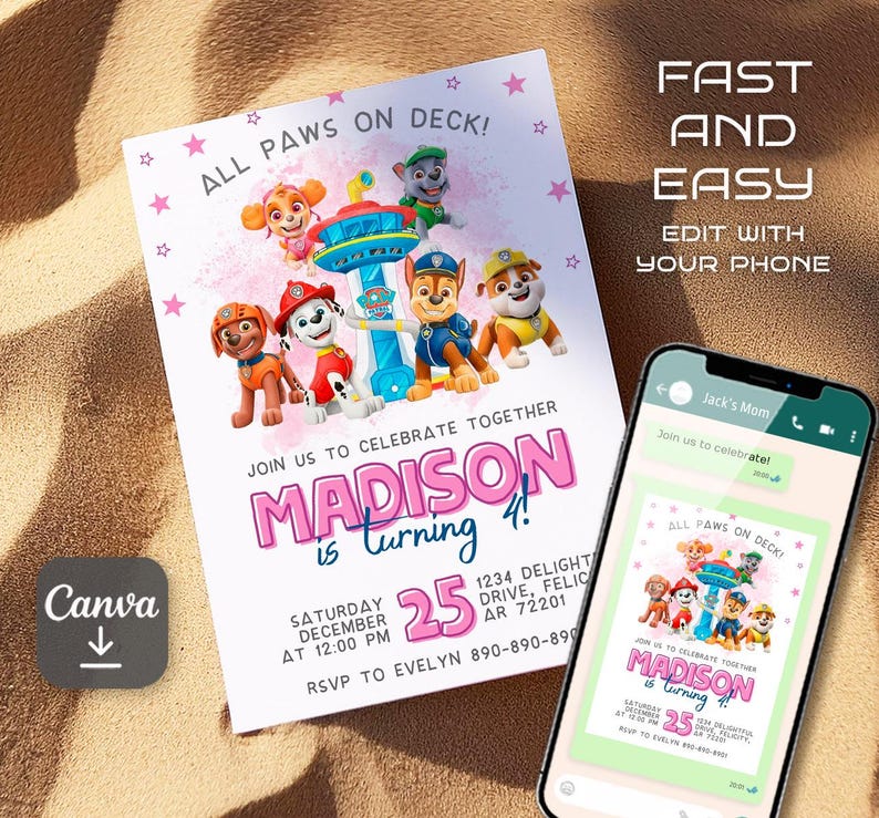 Puede incluir: Una invitaci&oacute;n de cumplea&ntilde;os con los personajes de la Patrulla Canina, con el texto "ALL PAWS ON DECK!" y "&iexcl;MADISON cumple 4!" El dise&ntilde;o es rosa y blanco, con un tel&eacute;fono que muestra el mismo dise&ntilde;o. El logotipo de Canva es visible.