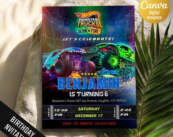 May include: A digital birthday invitation featuring a Hot Wheels Monster Trucks theme. The design includes images of monster trucks, the name "Benjamin", and event details. The invitation is set against a dark background with a "Canva digital template" label.