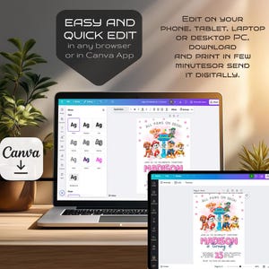 Puede incluir: Un port&aacute;til y una tableta muestran una invitaci&oacute;n de cumplea&ntilde;os con el texto "All Paws on Deck!" y "Madison cumple 4 a&ntilde;os". El logotipo de Canva es visible. El texto en la pantalla dice "Easy and Quick Edit" y "Edit on your phone, tablet, laptop or desktop PC."