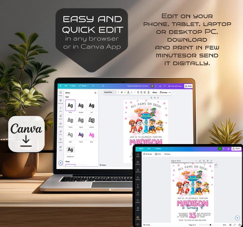 Puede incluir: Un port&aacute;til y una tableta muestran una invitaci&oacute;n de cumplea&ntilde;os con el texto "All Paws on Deck!" y "Madison cumple 4 a&ntilde;os". El logotipo de Canva es visible. El texto en la pantalla dice "Easy and Quick Edit" y "Edit on your phone, tablet, laptop or desktop PC."