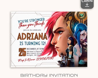 Arcane invite, Gaming birthday invitation, Jinx Vi invite, gamer instant download editable girl boy, printable Leage of Legends invitation