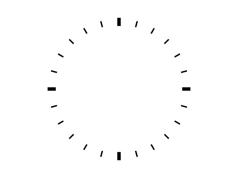 May include: A minimalist clock face design, featuring a white background with black hour and minute markers. The circular dial has short, thin lines for minutes and slightly longer, thicker lines for the hours, creating a clean, modern aesthetic.