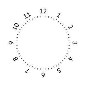 May include: A white clock face with black numerals from 1 to 12, arranged in a circle. Small black dashes mark the minutes. The design is simple and minimalist, suitable for various applications.