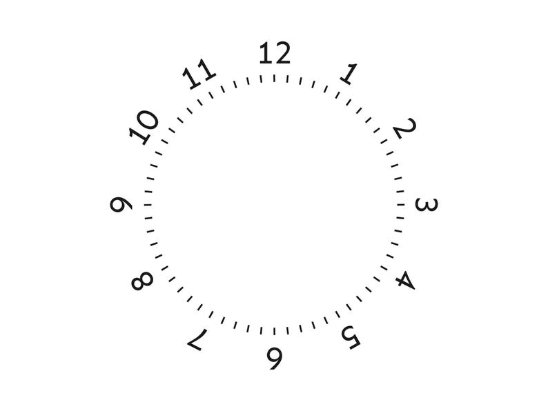 May include: A white clock face with black numerals from 1 to 12, arranged in a circle. Small black dashes mark the minutes. The design is simple and minimalist, suitable for various applications.
