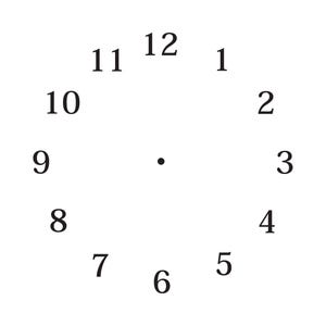 May include: A white clock face with black numerals from 1 to 12 arranged in a circle. A small black dot is in the center. The clock face is on a white background.