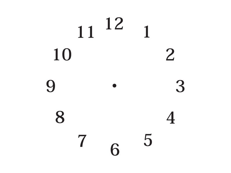 May include: A white clock face with black numerals from 1 to 12 arranged in a circle. A small black dot is in the center. The clock face is on a white background.