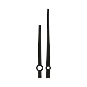 May include: Two black clock hands on a white background. One hand is longer and thinner than the other. Both hands have a circular detail near the base. The hands are likely for a clock or watch.