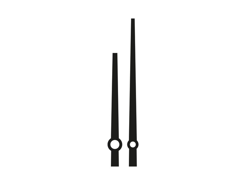 May include: Two black clock hands on a white background. One hand is longer and thinner than the other. Both hands have a circular detail near the base. The hands are likely for a clock or watch.