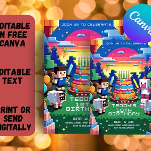 Trending Birthday Party Invitation Canva Template, Birthday Invite, Gamer Birthday Card Template, Canva Gamer Birthday Invitation Png