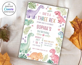 Pastel Dinosaur Birthday Invitation Girl Three Rex Party Editable Invite Cute Dino Pink Template Printable DG24