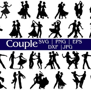 Può includere: Una collezione di immagini di silhouette nere di coppie che ballano. Le coppie sono in varie pose, con la parola "Couple" in testo bianco su uno striscione blu scuro. I formati di file includono SVG, PNG, EPS, DXF e JPG.