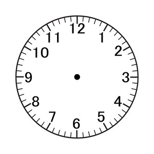 May include: A white clock face with black numerals and minute markers. The numbers 1 through 12 are evenly spaced around the perimeter. A small black dot is in the center.