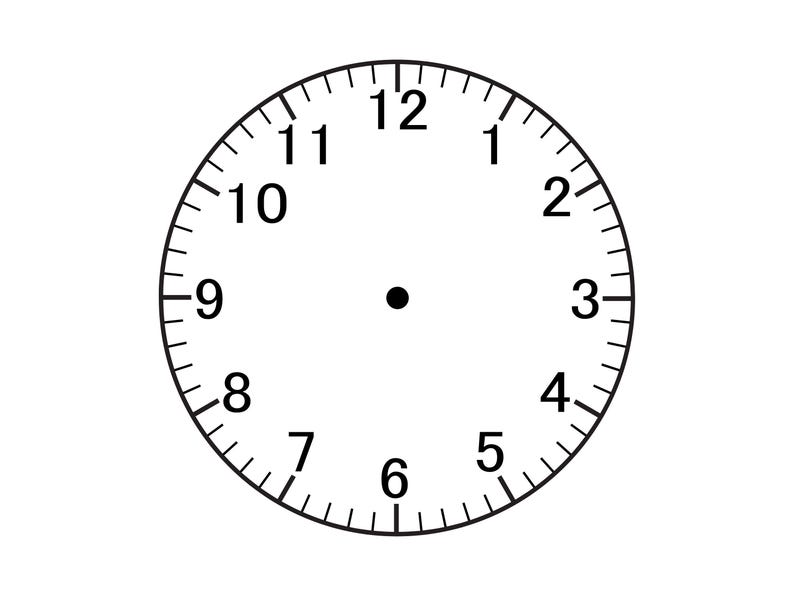 May include: A white clock face with black numerals and minute markers. The numbers 1 through 12 are evenly spaced around the perimeter. A small black dot is in the center.