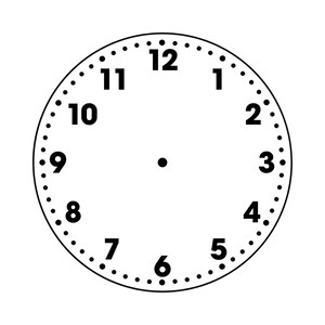 May include: A black and white clock face with numbers 1 through 12. The numbers are in a bold, sans-serif font. A dotted line surrounds the numbers. The clock face has a small dot in the center.
