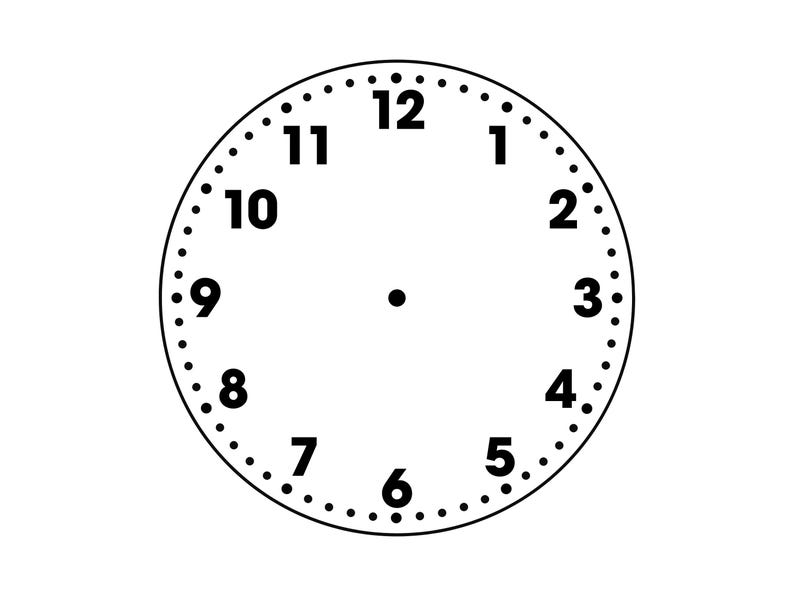 May include: A black and white clock face with numbers 1 through 12. The numbers are in a bold, sans-serif font. A dotted line surrounds the numbers. The clock face has a small dot in the center.