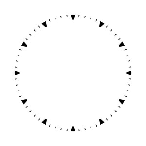 May include: A black and white graphic of a clock face. The clock face is a circle with small triangles marking the hours and small dashes marking the minutes. The design is simple and minimalist.