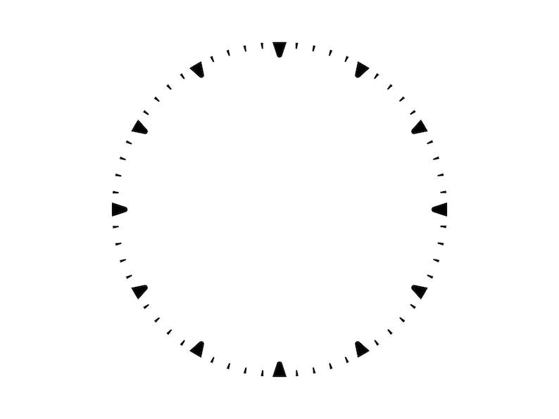 May include: A black and white graphic of a clock face. The clock face is a circle with small triangles marking the hours and small dashes marking the minutes. The design is simple and minimalist.
