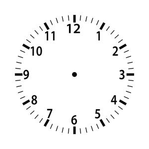 May include: A white clock face with black numerals and minute markers. The numbers 1 through 12 are evenly spaced around the perimeter. A small black dot is in the center. The clock face is a simple, minimalist design.