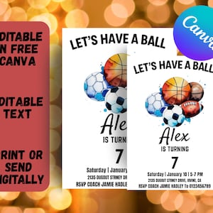 Lets Have a Ball Sports Party Invitation EDITABLE Birthday Invite Baseball Football Soccer Basketball Watercolor DIGITAL 5x7 Printable