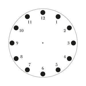 May include: A simple clock face design with a white background. The clock face is a circle with a thin black outline. Twelve black dots are evenly spaced around the circle, representing the hours. A small black dot is in the center.