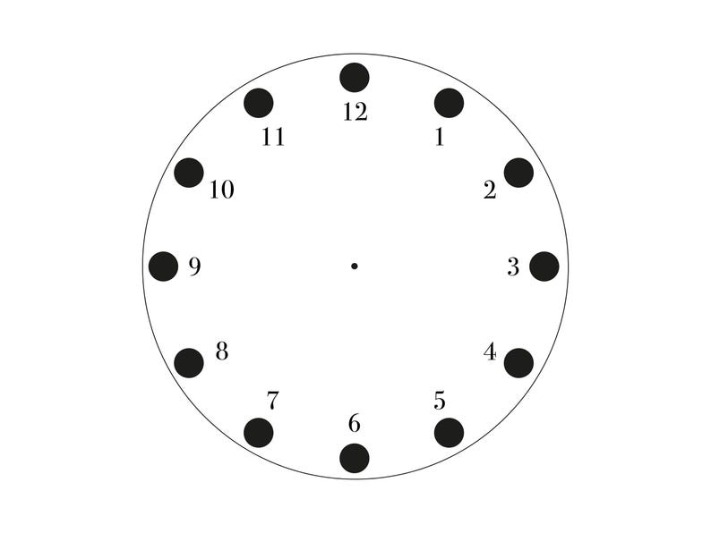 May include: A simple clock face design with a white background. The clock face is a circle with a thin black outline. Twelve black dots are evenly spaced around the circle, representing the hours. A small black dot is in the center.