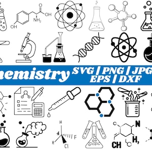 Könnte beinhalten: Ein Satz schwarzer und weißer Chemie-Icons, darunter Bechergläser, Kolben, Atome, Moleküle und Laborausrüstung. Die Icons sind perfekt für den Einsatz in Lehrmaterialien, wissenschaftlichen Projekten oder zum Erstellen von Designs zum Thema Chemie.