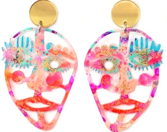 Colorful Face Earring, Vibrant Modern Statement Earring, Watercolor Earring, Neon Acrylic Earring, Resin Earring, Eye Earrings, Face Jewelry